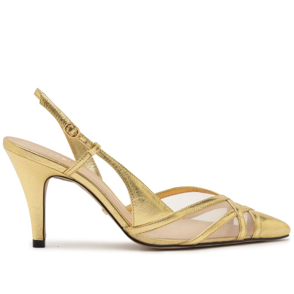scarpin-arezzo-dourado-couro-tela-salto-medio-fivela-1